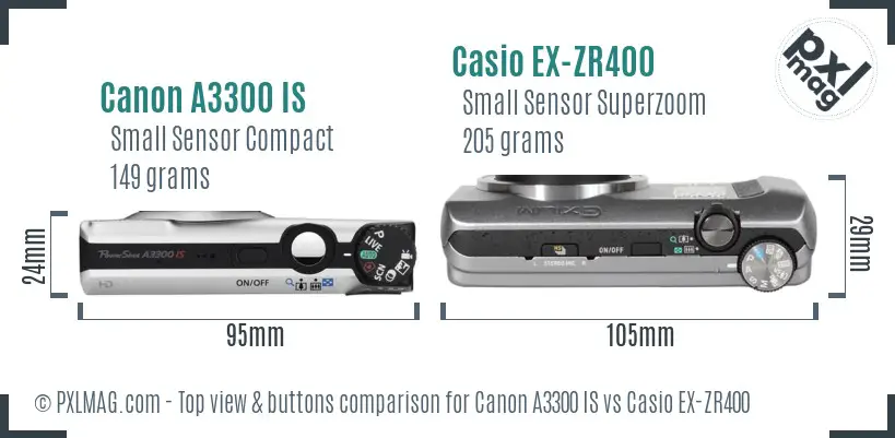Canon A3300 IS vs Casio EX-ZR400 top view buttons comparison