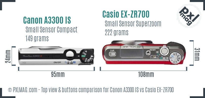 Canon A3300 IS vs Casio EX-ZR700 top view buttons comparison