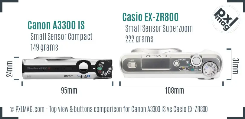 Canon A3300 IS vs Casio EX-ZR800 top view buttons comparison