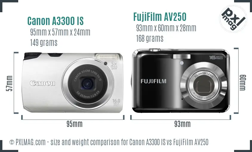 Canon A3300 IS vs FujiFilm AV250 size comparison