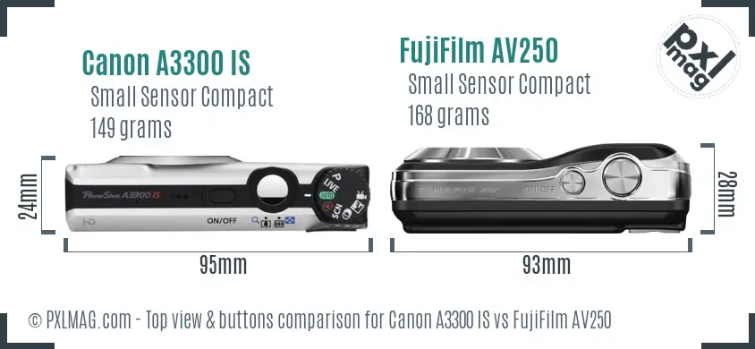 Canon A3300 IS vs FujiFilm AV250 top view buttons comparison