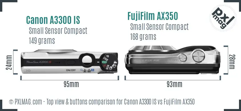 Canon A3300 IS vs FujiFilm AX350 top view buttons comparison