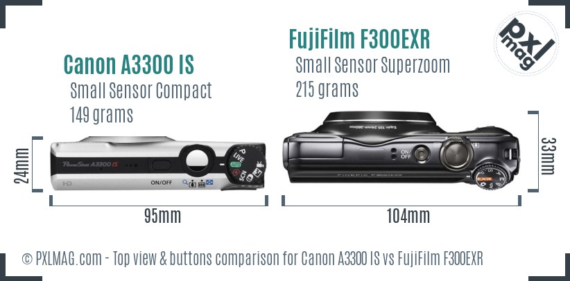 Canon A3300 IS vs FujiFilm F300EXR top view buttons comparison