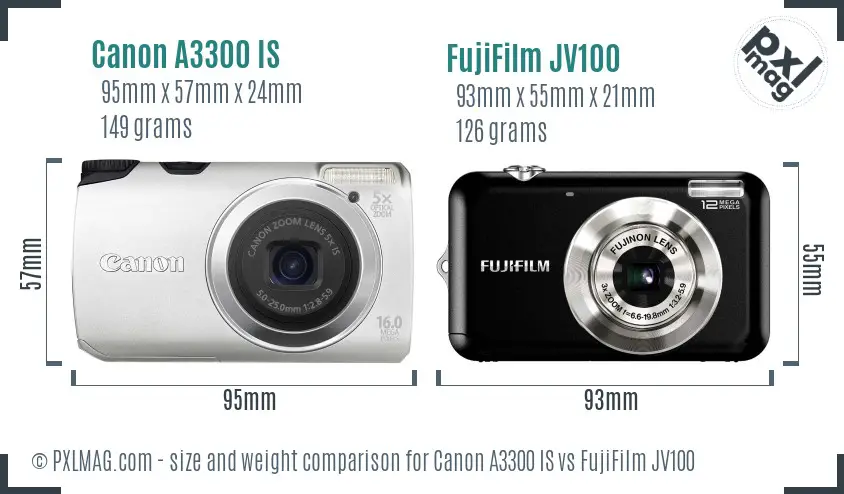Canon A3300 IS vs FujiFilm JV100 size comparison