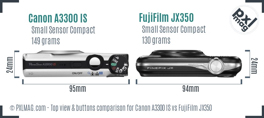 Canon A3300 IS vs FujiFilm JX350 top view buttons comparison