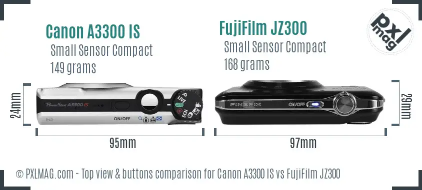 Canon A3300 IS vs FujiFilm JZ300 top view buttons comparison Canon A3300 IS vs FujiFilm JZ300 top view buttons comparison