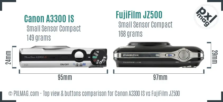 Canon A3300 IS vs FujiFilm JZ500 top view buttons comparison