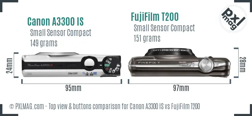 Canon A3300 IS vs FujiFilm T200 top view buttons comparison