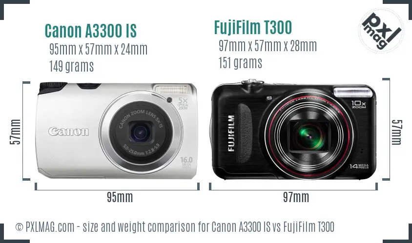 Canon A3300 IS vs FujiFilm T300 size comparison Canon A3300 IS vs FujiFilm T300 size comparison