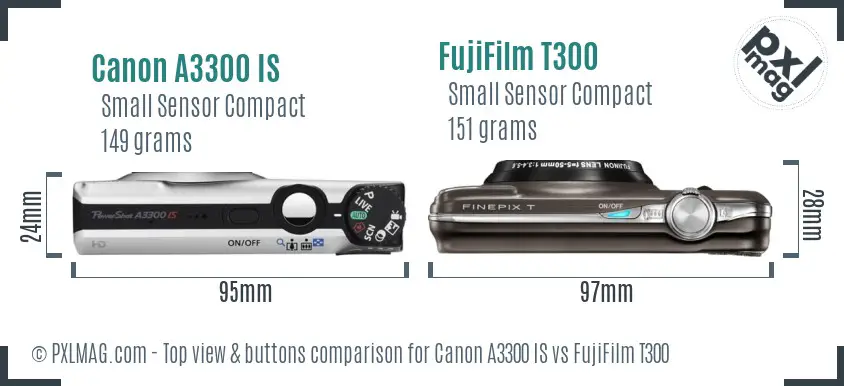 Canon A3300 IS vs FujiFilm T300 top view buttons comparison Canon A3300 IS vs FujiFilm T300 top view buttons comparison