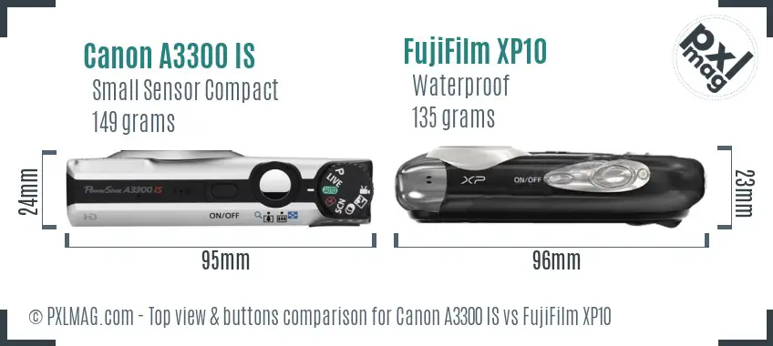 Canon A3300 IS vs FujiFilm XP10 top view buttons comparison Canon A3300 IS vs FujiFilm XP10 top view buttons comparison