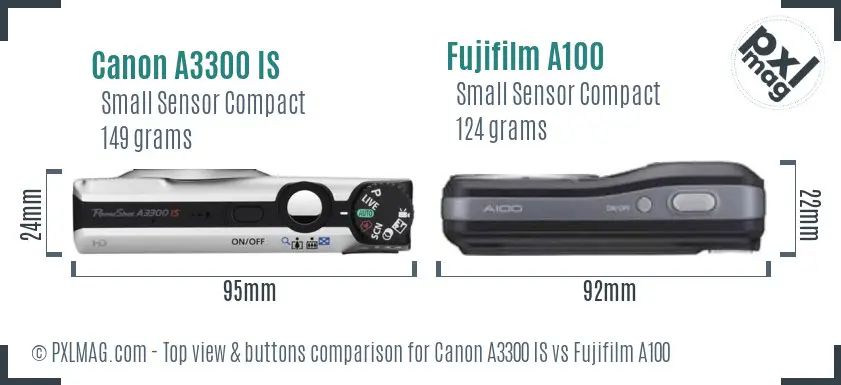Canon A3300 IS vs Fujifilm A100 top view buttons comparison Canon A3300 IS vs Fujifilm A100 top view buttons comparison