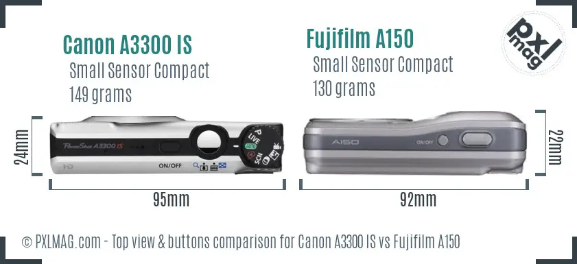 Canon A3300 IS vs Fujifilm A150 top view buttons comparison