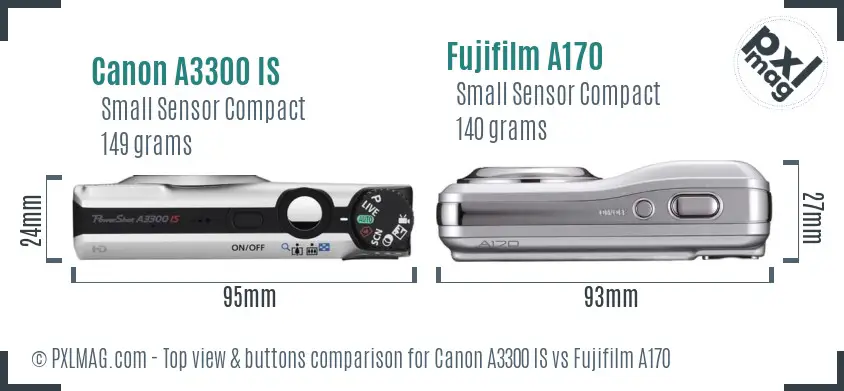 Canon A3300 IS vs Fujifilm A170 top view buttons comparison