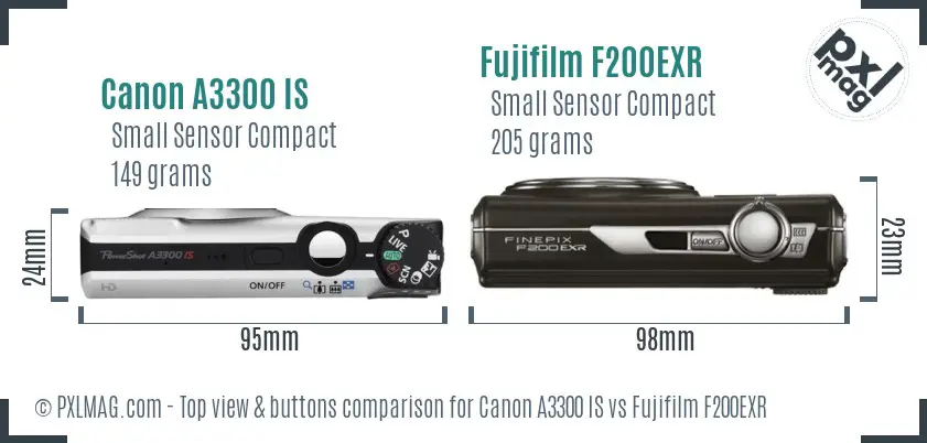 Canon A3300 IS vs Fujifilm F200EXR top view buttons comparison