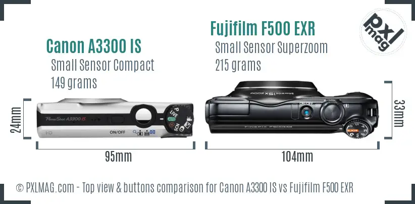 Canon A3300 IS vs Fujifilm F500 EXR top view buttons comparison