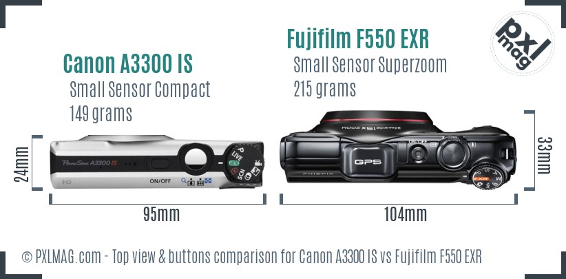 Canon A3300 IS vs Fujifilm F550 EXR top view buttons comparison