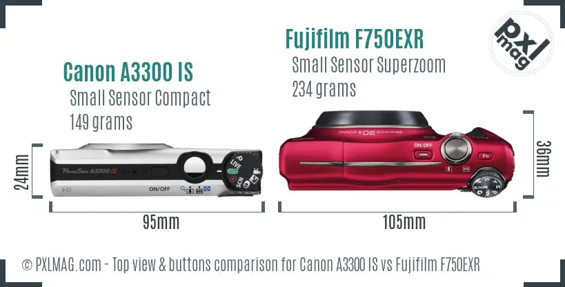 Canon A3300 IS vs Fujifilm F750EXR top view buttons comparison