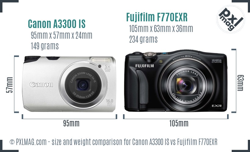 Canon A3300 IS vs Fujifilm F770EXR size comparison