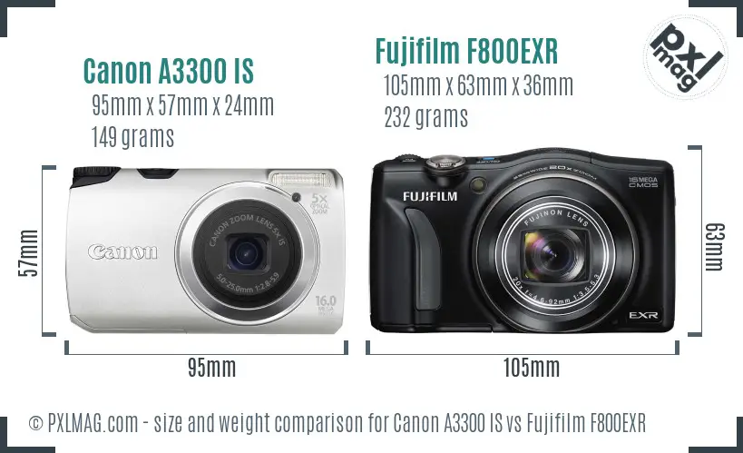 Canon A3300 IS vs Fujifilm F800EXR size comparison