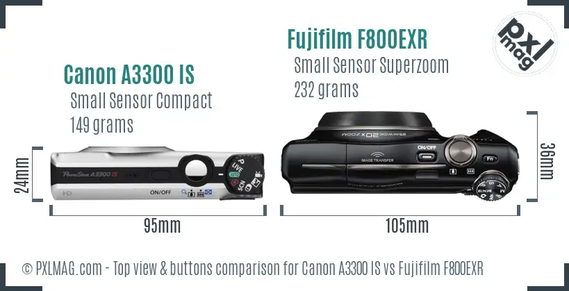 Canon A3300 IS vs Fujifilm F800EXR top view buttons comparison