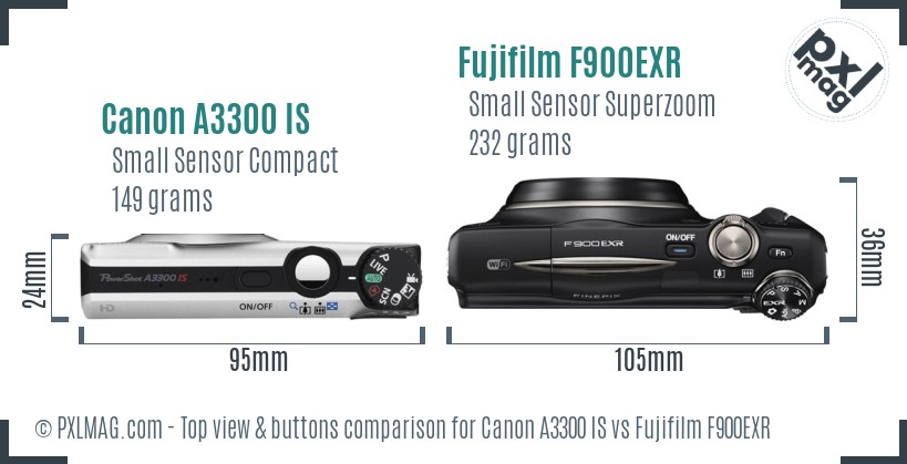 Canon A3300 IS vs Fujifilm F900EXR top view buttons comparison