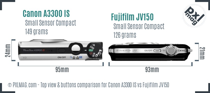 Canon A3300 IS vs Fujifilm JV150 top view buttons comparison