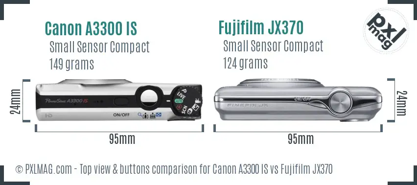 Canon A3300 IS vs Fujifilm JX370 top view buttons comparison Canon A3300 IS vs Fujifilm JX370 top view buttons comparison