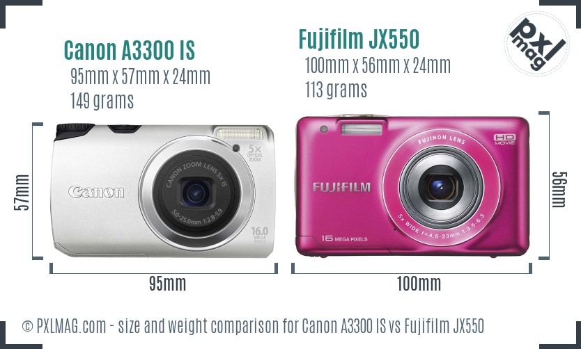 Canon A3300 IS vs Fujifilm JX550 size comparison