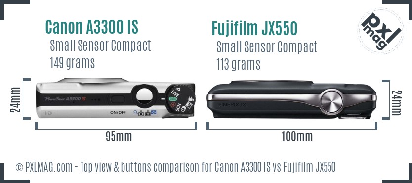 Canon A3300 IS vs Fujifilm JX550 top view buttons comparison