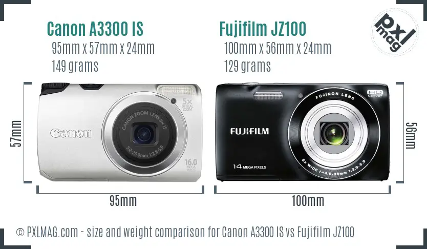 Canon A3300 IS vs Fujifilm JZ100 size comparison