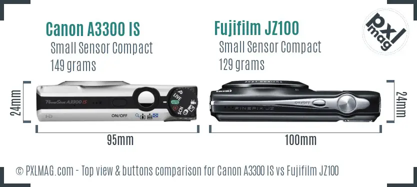 Canon A3300 IS vs Fujifilm JZ100 top view buttons comparison