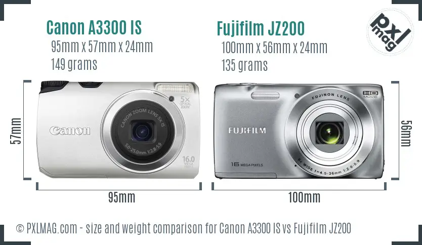 Canon A3300 IS vs Fujifilm JZ200 size comparison