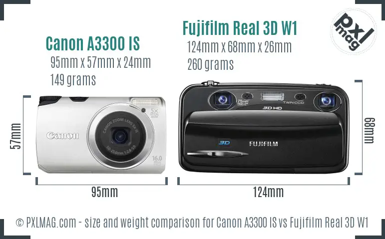 Canon A3300 IS vs Fujifilm Real 3D W1 size comparison Canon A3300 IS vs Fujifilm Real 3D W1 size comparison