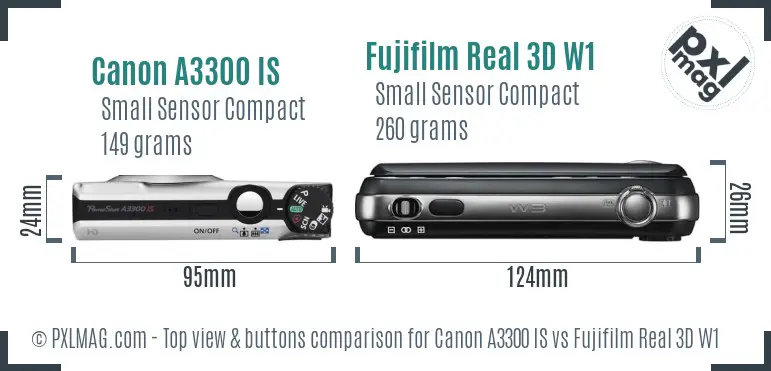 Canon A3300 IS vs Fujifilm Real 3D W1 top view buttons comparison