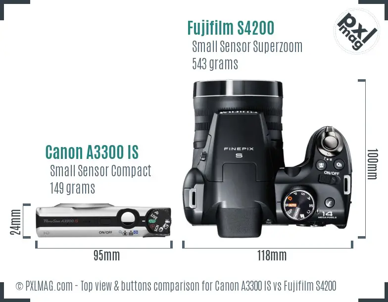 Canon A3300 IS vs Fujifilm S4200 top view buttons comparison