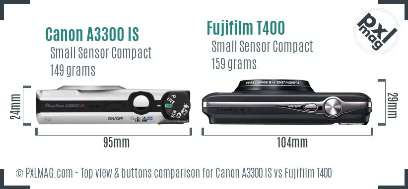 Canon A3300 IS vs Fujifilm T400 top view buttons comparison