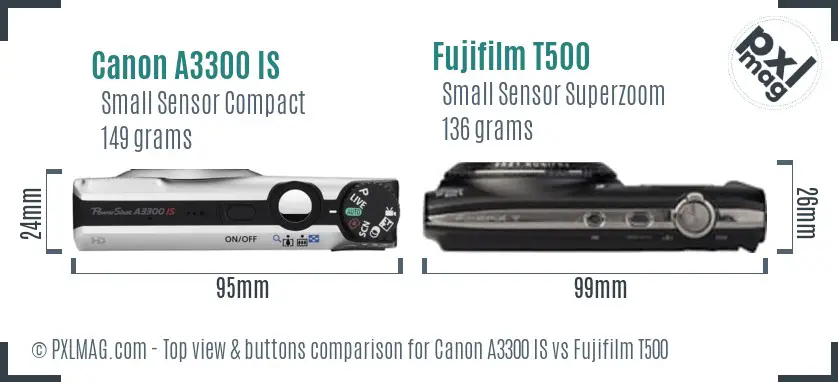 Canon A3300 IS vs Fujifilm T500 top view buttons comparison