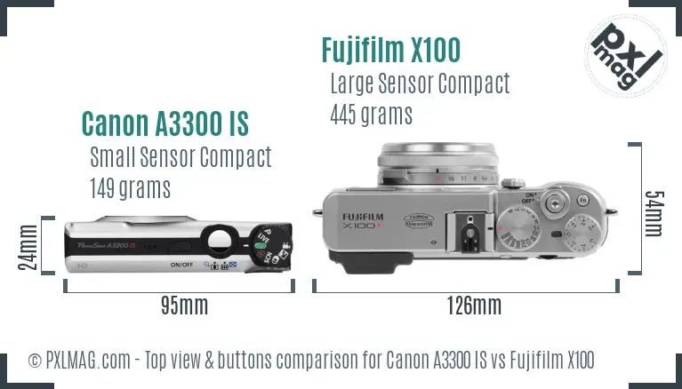 Canon A3300 IS vs Fujifilm X100 top view buttons comparison
