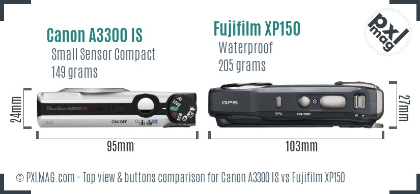 Canon A3300 IS vs Fujifilm XP150 top view buttons comparison