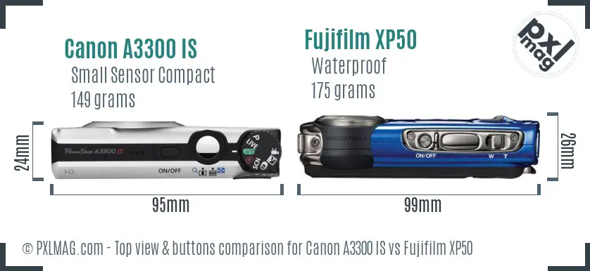 Canon A3300 IS vs Fujifilm XP50 top view buttons comparison