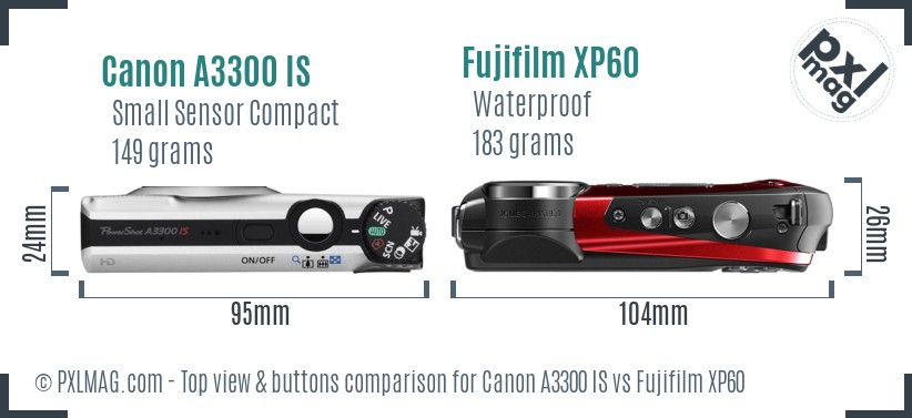 Canon A3300 IS vs Fujifilm XP60 top view buttons comparison