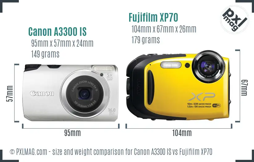 Canon A3300 IS vs Fujifilm XP70 size comparison