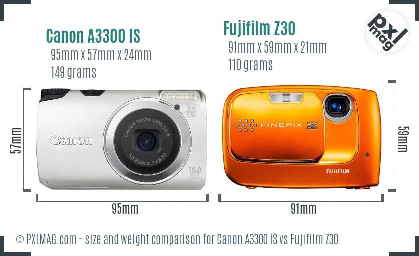 Canon A3300 IS vs Fujifilm Z30 size comparison