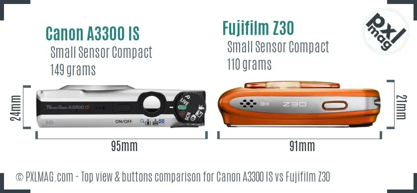 Canon A3300 IS vs Fujifilm Z30 top view buttons comparison