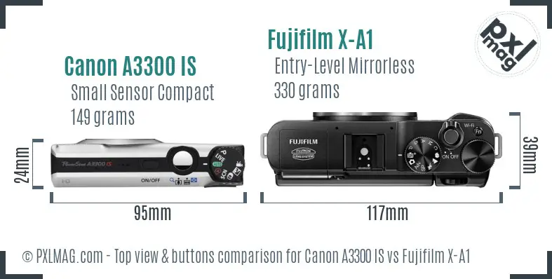 Canon A3300 IS vs Fujifilm X-A1 top view buttons comparison