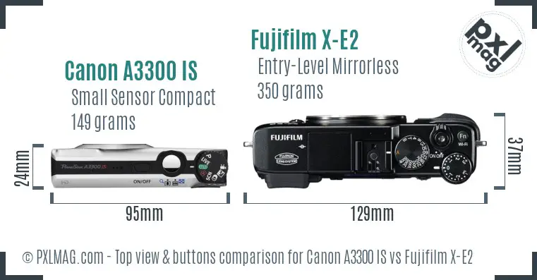 Canon A3300 IS vs Fujifilm X-E2 top view buttons comparison