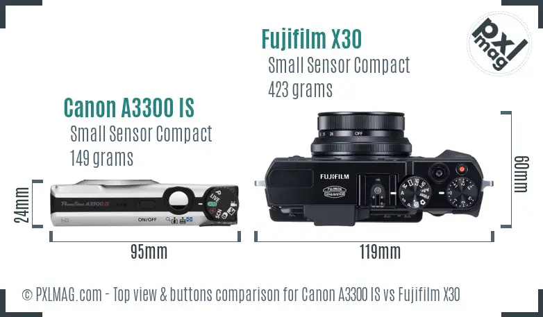 Canon A3300 IS vs Fujifilm X30 top view buttons comparison