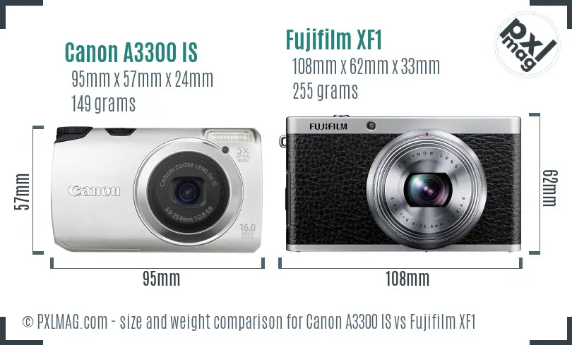 Canon A3300 IS vs Fujifilm XF1 size comparison