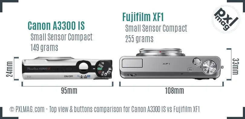 Canon A3300 IS vs Fujifilm XF1 top view buttons comparison